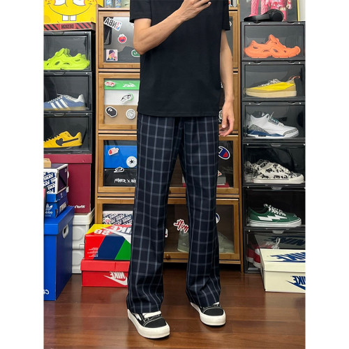蓝格子裤子男装春夏季爆款宽松青年速干运动卫裤休闲裤直筒弯刀裤