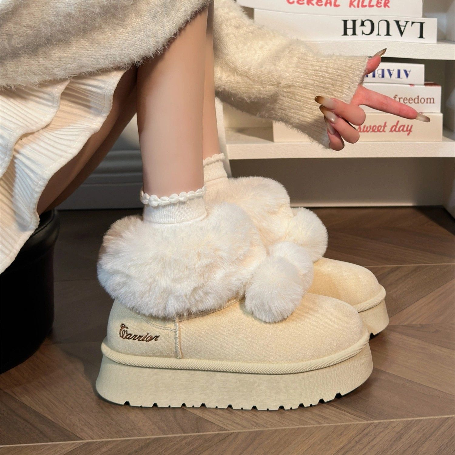 回力防寒粉色毛绒雪地靴女2025新款冬季加绒厚底保暖棉靴毛毛短靴,女鞋,时尚雪地靴,淘宝优惠券,粉丝福利购,淘宝优惠卷