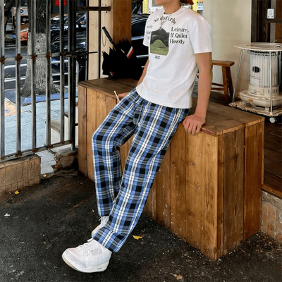 美式撞色格子裤男女夏季痞帅直筒裤子复古时尚休闲运动长裤青少年