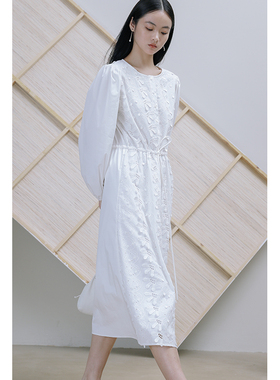 Rowi 立体向日葵合作工坊出品白色不挑身材遮肉衬衫连衣裙女 早秋