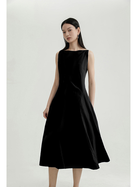 Rowi小众设计通勤收腰夏季长裙法式无袖显瘦黑色气质女新品连衣裙