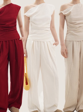 rowi自然系列亚麻斜肩自由上衣压褶立缝长裤