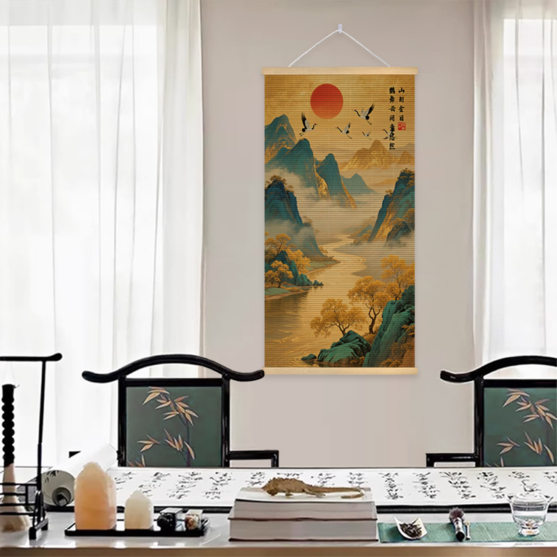 非遗印花竹编挂画客厅背景禅意山水画玄关茶室书房竹艺卷轴装饰画
