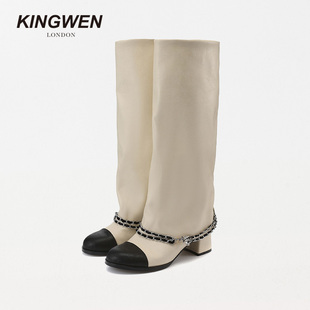 【沈羽洁林允同款】KINGWEN26春季裤管靴金属扣骑士靴女长筒靴子