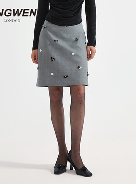 KINGWEN2025秋季新款灰色钉珠半身裙女包臀高腰A字高级设计感短裙
