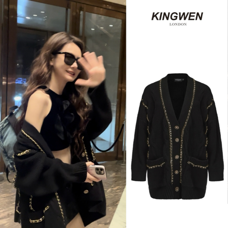 日系小香风双色毛衣开衫V领