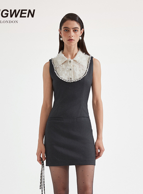 KINGWEN 2025秋季新款翻领拼接连衣裙灰色掐腰修身无袖设计感中裙