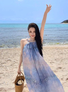【明星同款】KINGWEN 薄纱度假长裙女收腰渐变系带印花吊带连衣裙