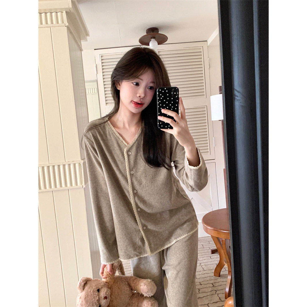 韩系少女甜美花边纯色睡衣女2026春秋大码开衫长袖长裤家居服套装