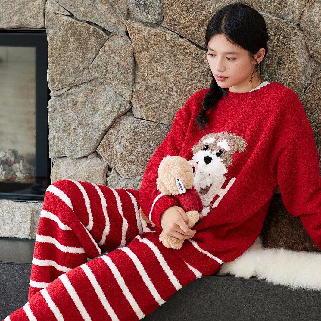 913珂希卡半边绒睡衣女秋冬季新款条纹卡通动物软绵绵家居服套装
