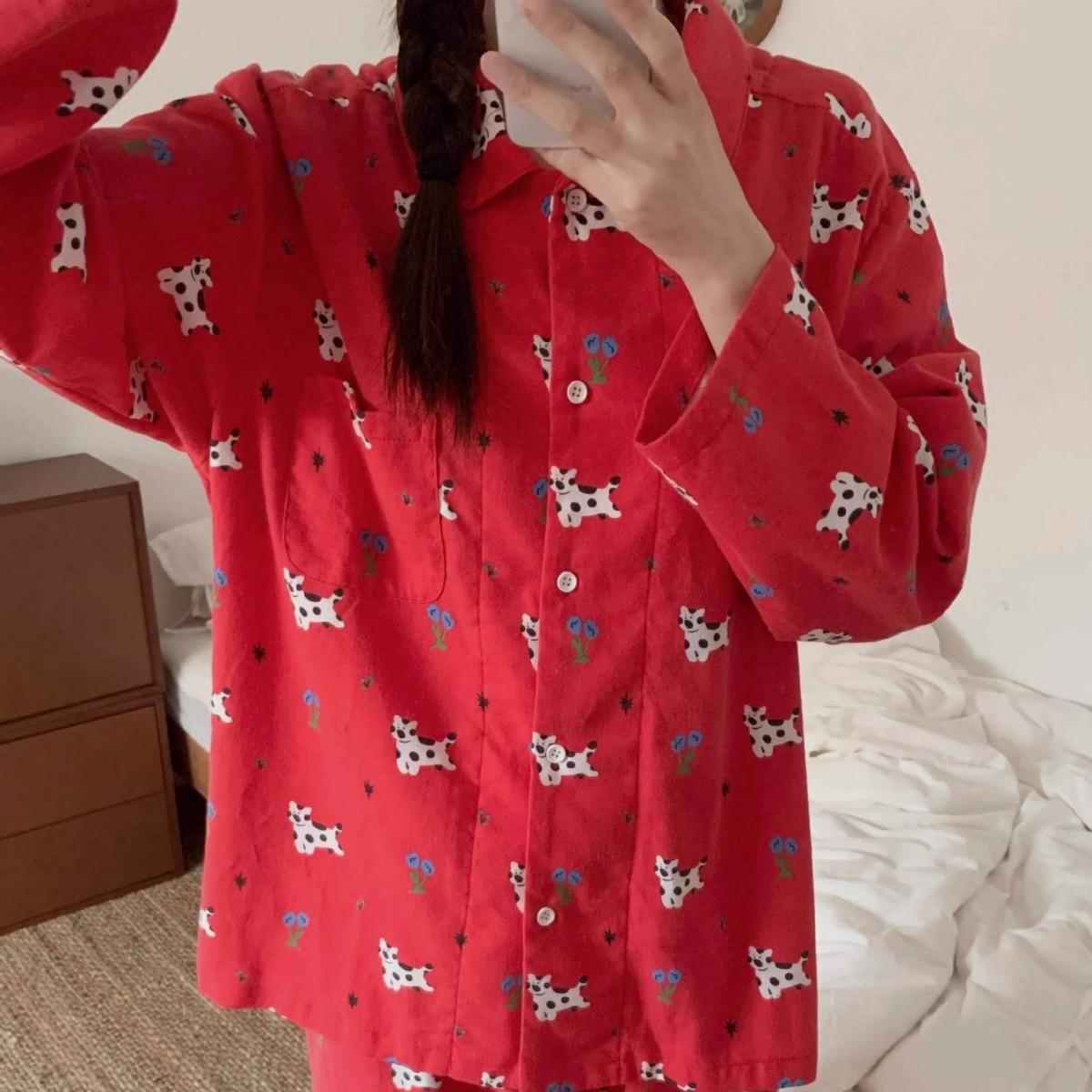 可爱少女奶牛小猫睡衣女棉纱秋冬新红色长裤家居服大码套装可外穿