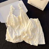 花朵简约小个子家居服 纯色带胸垫吊带短裤 杏色ins睡衣女新款 夏季