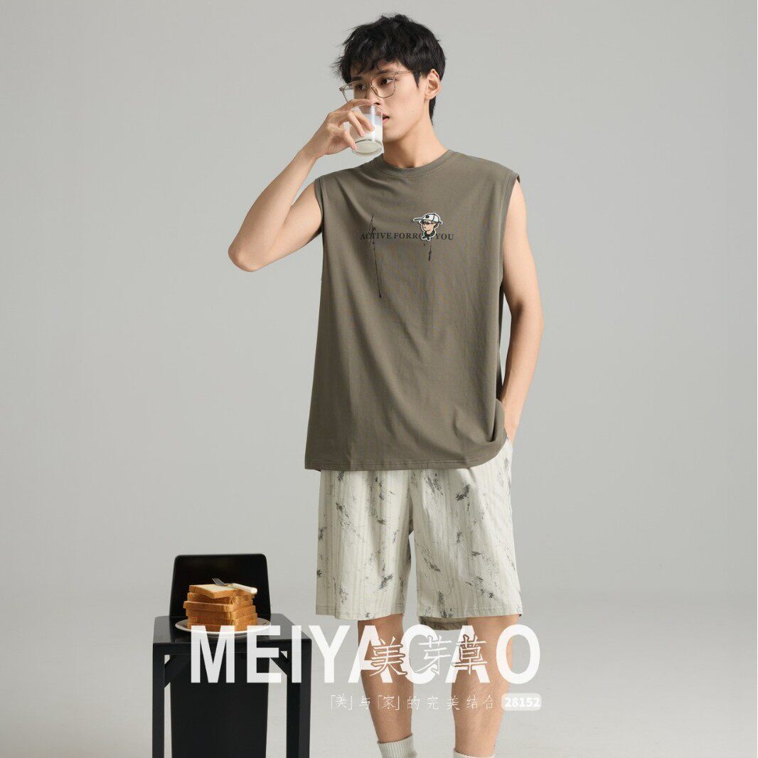 2026美芽草睡衣男款夏季薄款无袖背心短裤套装休闲简约纯色28152
