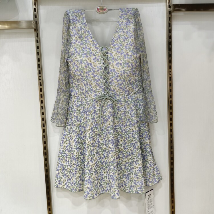 开心缘游泳衣女士连体裙子碎花时尚长袖性感收腰显瘦保守泳装0231