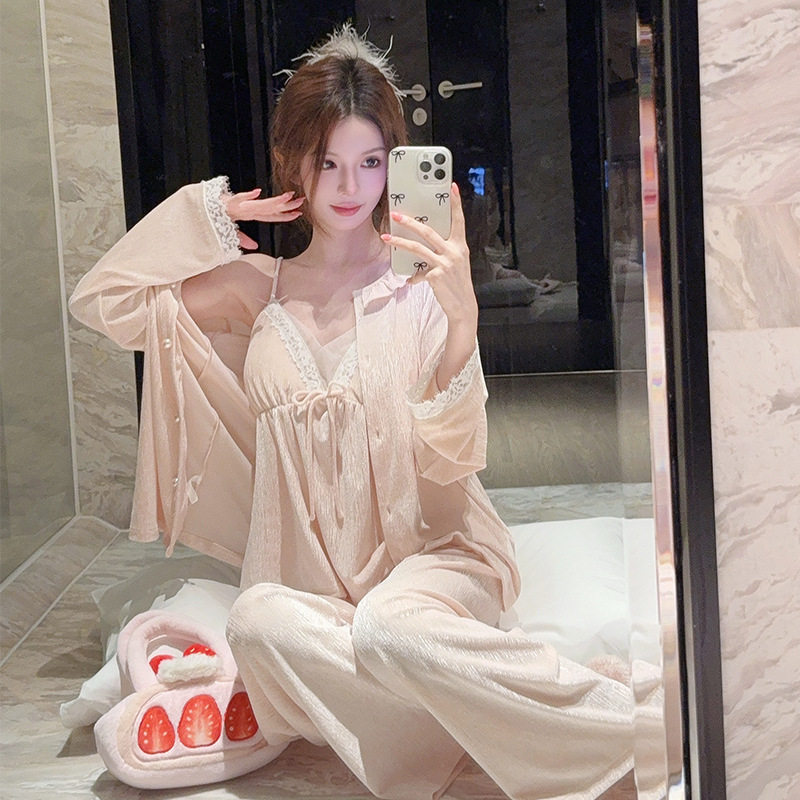 薇尔妮丝春秋简约纯色金丝绒睡衣女柔软保暖可外穿长袖三件套套装
