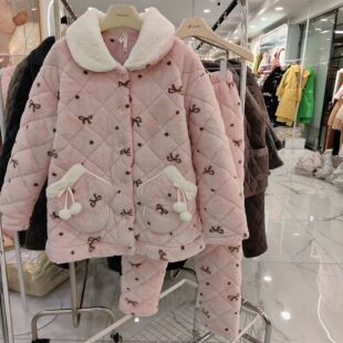 美狐绒套装 三层加厚夹棉睡衣女士冬季 棉袄可爱保暖家居服穗得美特