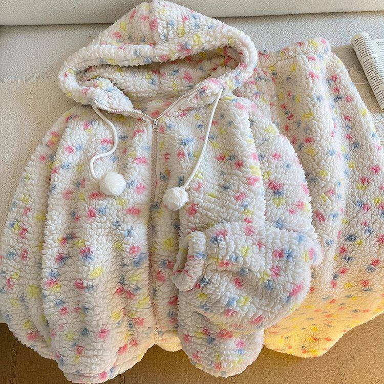 韩版连帽波点珊瑚绒睡衣女款冬季加绒加厚保暖毛绒家居服大码套装