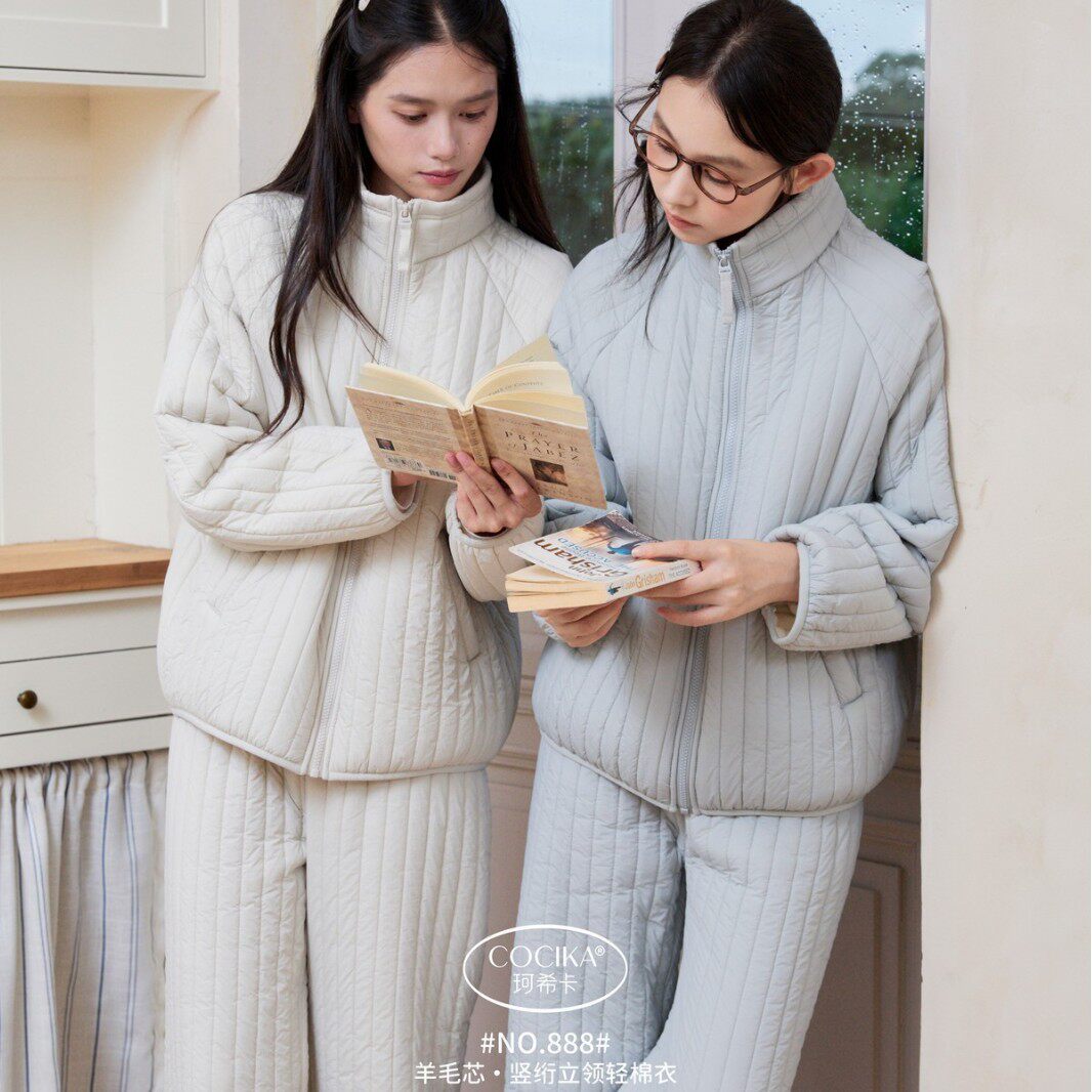 888珂希卡秋冬立领夹棉轻棉衣家居服套装竖条羊毛蓄热可外穿睡衣