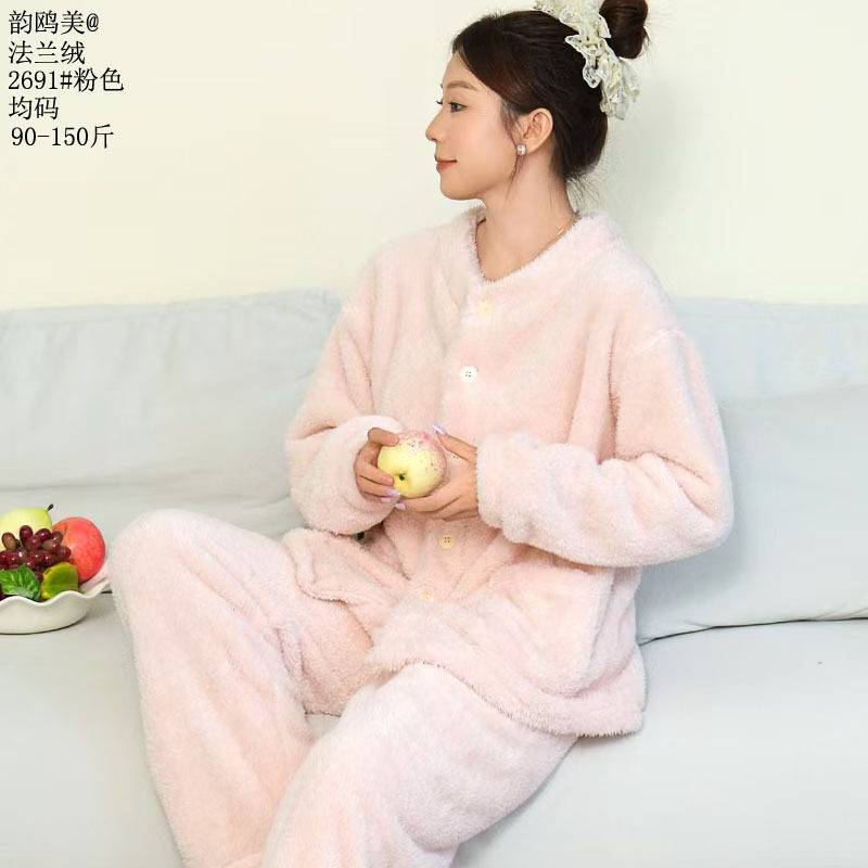 韵鸥美法兰绒2026新款纯色套装小香风长袖圆领保暖家居服绒料睡衣