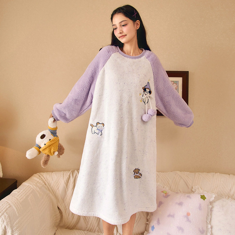 薇尔妮丝秋冬圆领套头加绒保暖长款睡衣裙子女舒适慵懒家居服长裙