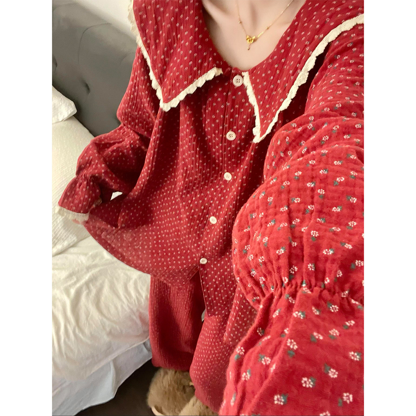 韩版喜庆新年红甜美少女碎花纯棉睡衣女春秋款大码棉纱家居服套装