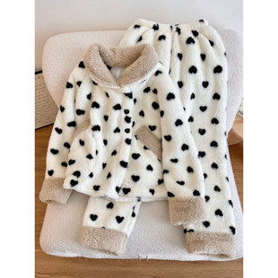 韩版珊瑚绒保暖睡衣女秋冬毛绒绒翻领外套加厚长袖长裤家居服套装