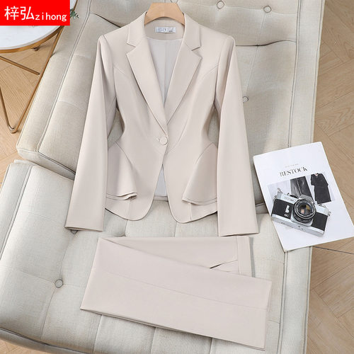 杏色西装女春款气质设计感职业正装美容院前台接待工作服西服套装