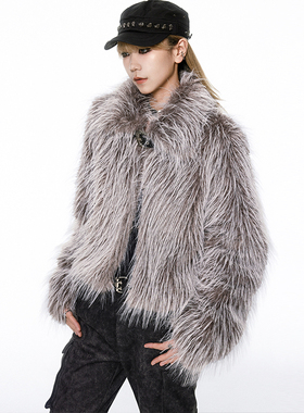 VCR STUDIO Y2K复古设计皮扣环保皮草外套女短款小众设计毛毛外套