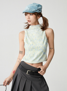 限时3折！ 薄荷曼波小高领背心女拼接肌理感原创无袖辣妹t恤上衣