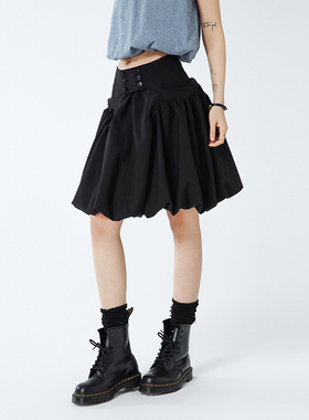 VCR STUDIO 黑色花苞半身裙夏低腰甜酷设计感显瘦百搭蓬蓬A字短裙