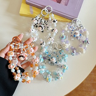 正版泡泡玛特SKULLPANDA萌粒手绘珠双链手机链钥匙链卡通潮玩挂件