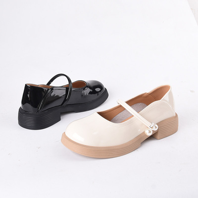 牛漆皮BABORER玛丽珍珍珠扣单鞋
