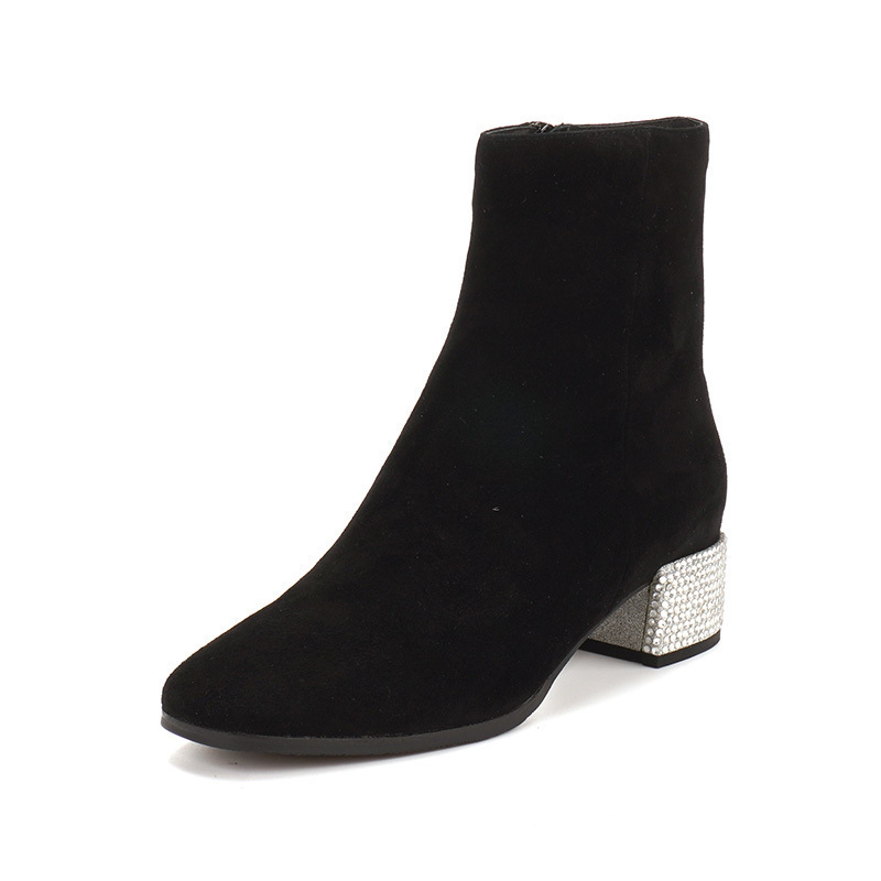 SHELLYS绒面短靴粗跟真皮水钻