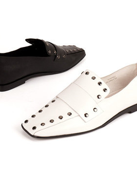 35-37/39牛皮shellys 方头黑白女中性风格铆钉低跟皮鞋单鞋内增高