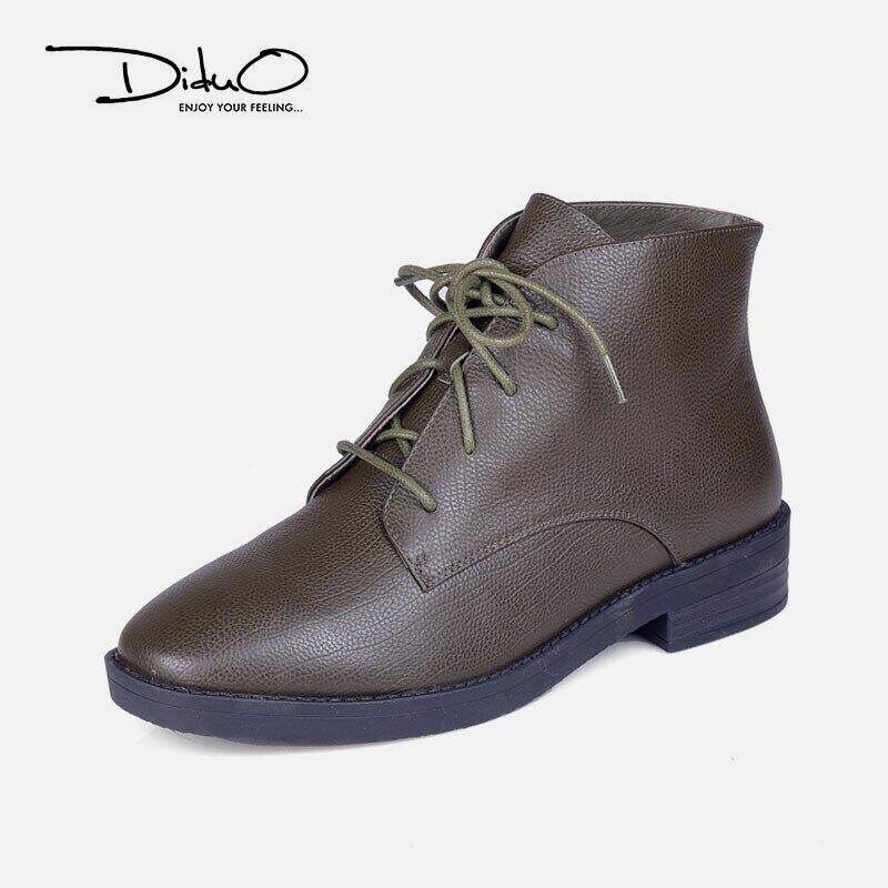 diduo胎摔牛皮军绿系带低跟短靴图片