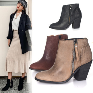 35.5 米咖色 38头层牛皮KELSI复古做旧女秋冬尖头粗高跟短靴脏脏鞋