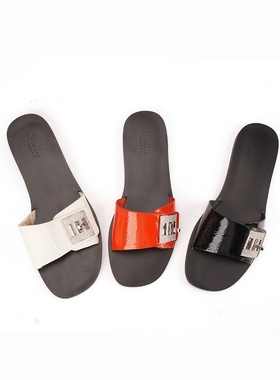 英国品牌shellys 漆皮金属扣拖鞋平底跟一字拖外穿女夏沙滩凉拖鞋