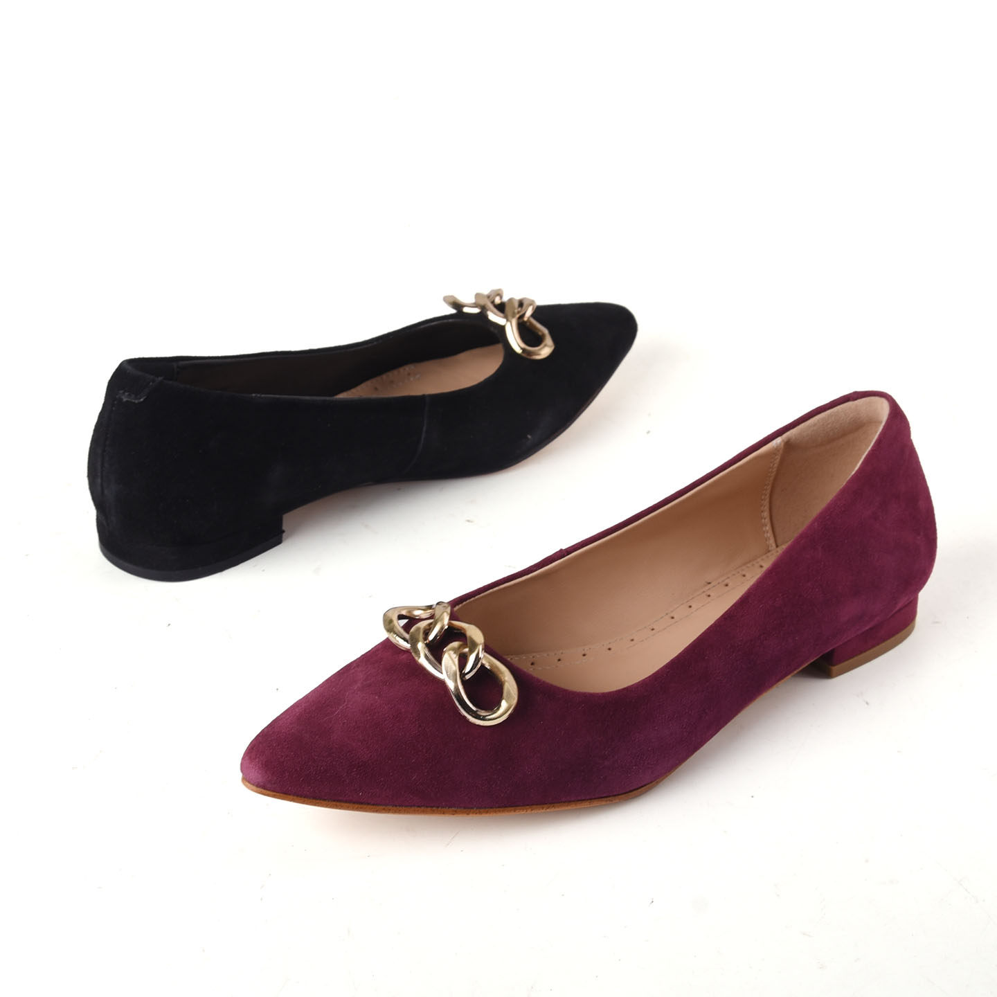 通勤风金属链条装饰尖头浅口单鞋低跟百搭职场鞋绒面羊皮女鞋冬季,女鞋,浅口单鞋,淘宝优惠券,粉丝福利购,淘宝优惠卷