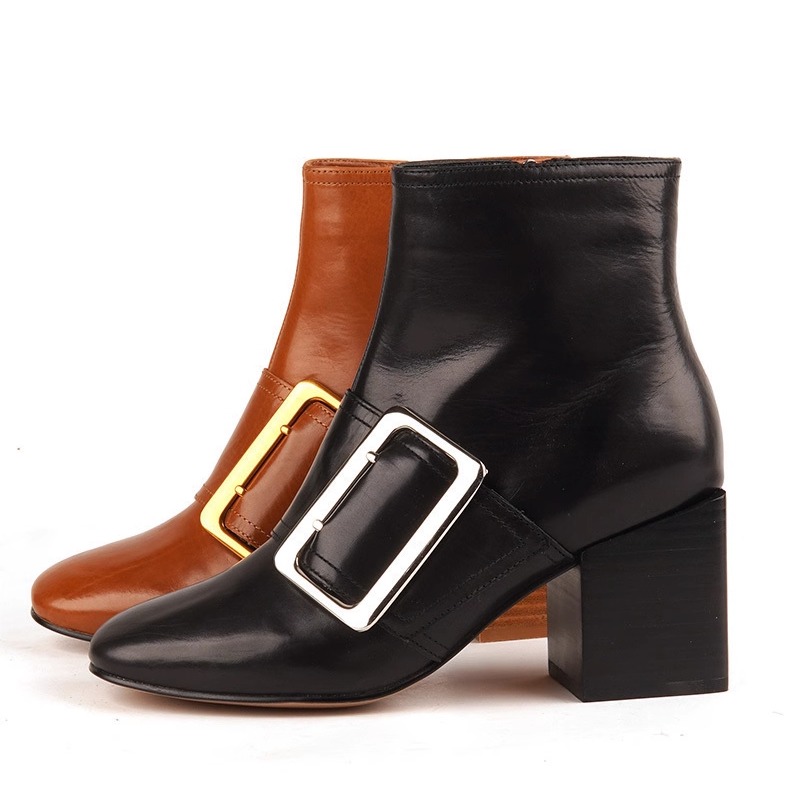 35-38胎牛皮 shellys英国 粗跟侧拉链女侧方扣时装尖头瘦瘦中短靴