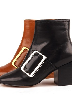 35-38胎牛皮 shellys英国 粗跟侧拉链女侧方扣时装尖头瘦瘦中短靴