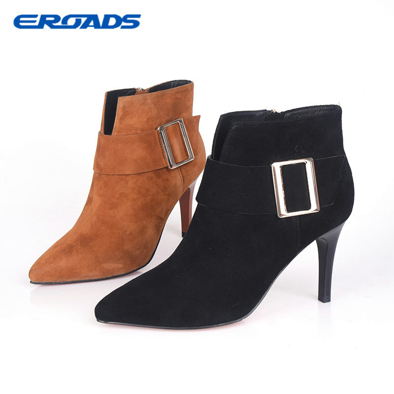 银泰撤柜羊皮细细高跟方扣短靴子