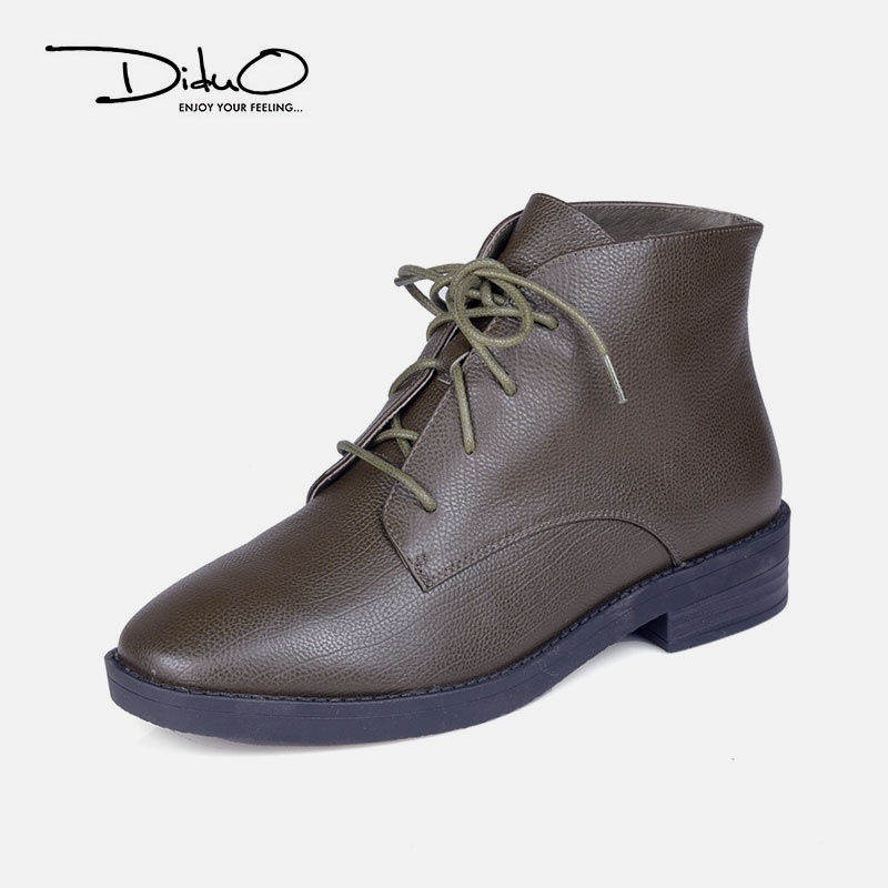 diduo胎摔牛皮军绿系带低跟短靴