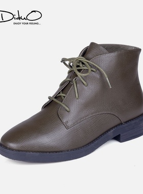 34-38胎摔牛皮 Diduo迪朵 女军绿色冬季低跟英伦风系带帅气小短靴