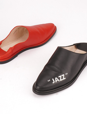 头层牛皮35-36莱尔斯丹 红色包头半拖鞋凉鞋女春夏平底懒人踩脚拖