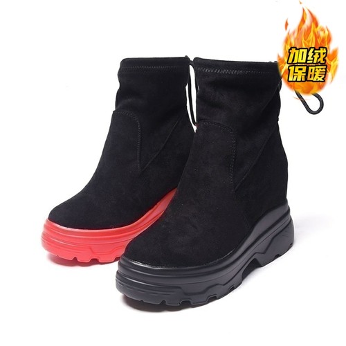 zuse羊反绒保暖红底内增高瘦瘦靴