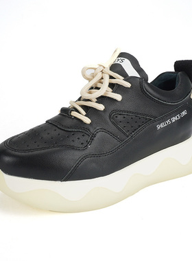 头层牛皮shelly黑色高帮鞋女2023内增高老爹鞋新款学生韩版鞋子女