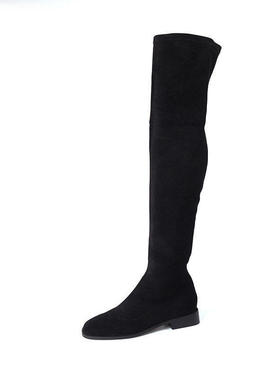 35/38 英国Shellys 黑色绒布过膝靴长筒靴女带拉链冬粗低平跟长靴