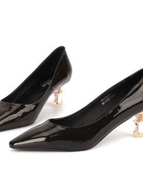 37-38牛皮shellys尖头透明跟空乘女黑宴会面试职业工作中低跟单鞋