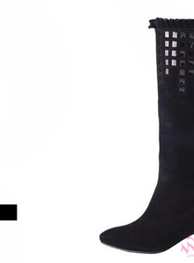 35 全羊皮 aee爱意 灰色紫色黑色女绒面格子长靴低跟高筒靴子