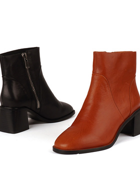 35-39头层牛皮 shellys英国 棕色简洁中跟女软底靴子短靴软皮中跟